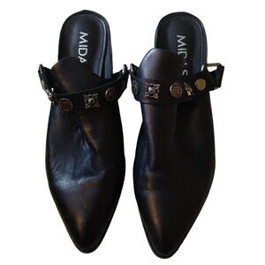 Midas Women's Eu 39 Black Leather Slip On "Delmont" Pointed Toe Block Heels